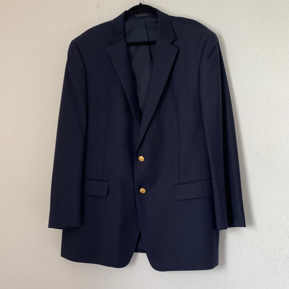 Lauren Ralph Lauren Blazer Men 44L Navy Blue Wool Gold Crest Button‎ Old Money